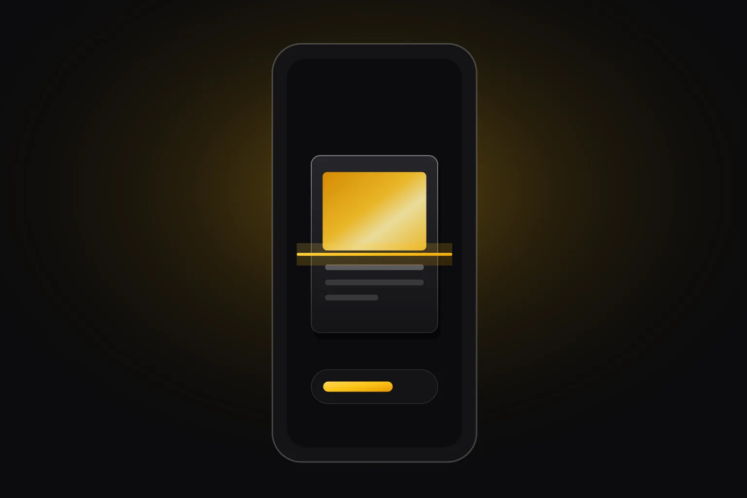 A phone frame scanning a trading card, with a beam across the card, drawn in Zukan yellow on a dark ground
