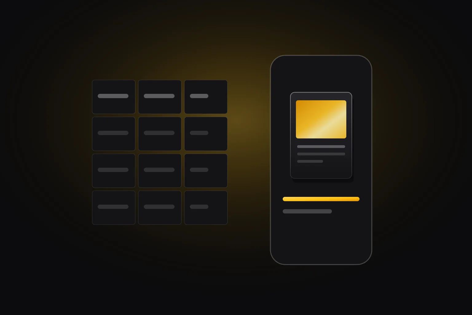 A trading card next to a grid of cells and a phone screen, drawn in Zukan yellow on a dark ground