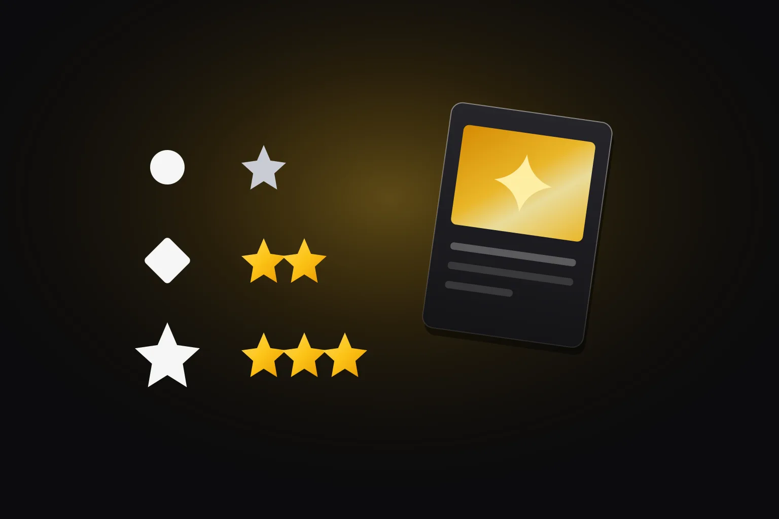A row of rarity marks, a circle, a diamond and stars in black, silver and gold, over a fanned card, drawn in Zukan yellow