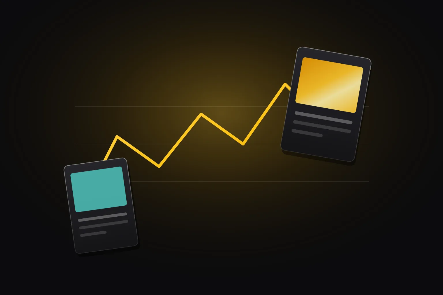 A trading card over a rising and falling line chart, drawn in Zukan yellow on a dark ground
